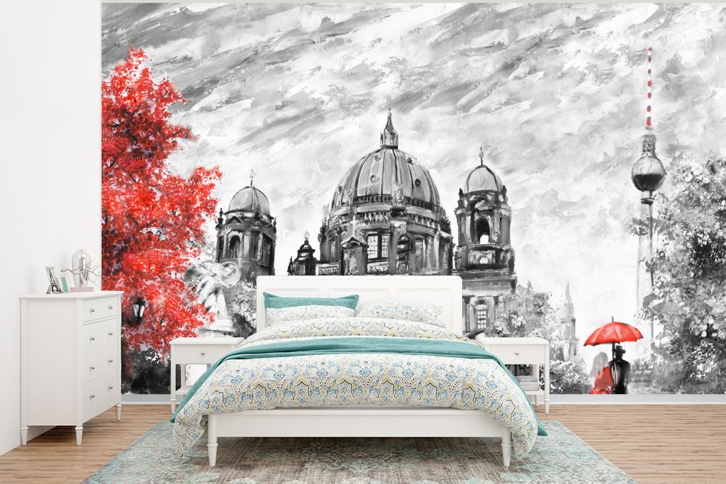 MuchoWow Fototapete für Wohnzimmer oder Schlafzimmer Wandtapete Vinyl Motivtapete Malerei - Architektur - Baum - Rot - 400x300 cm - Papiertapeten