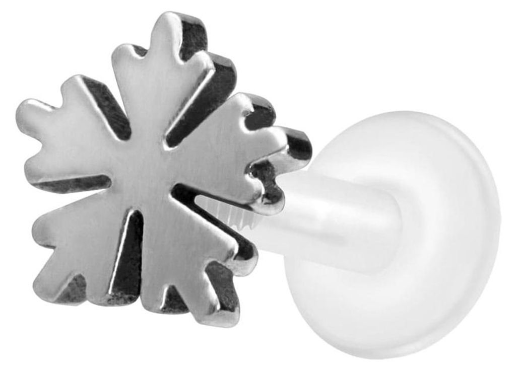 Ohrpiercing, Nasenpiercing PTFE Labret mit Innengewinde + Titan-Aufsatz SCHNEEFLOCKE Silber Stablänge: 8mm | Stabstärke: 1,6mm
