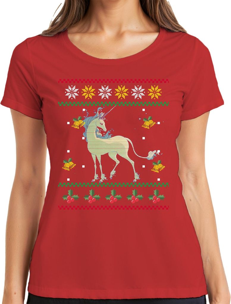 Das letzte Einhorn - Ugly Christmas Sweater Weihnachten Weihnachtsgeschenk Damen T-Shirt, Rot, XXL