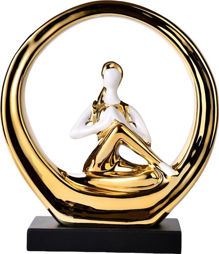 Yoga Figur Frau Skulptur rundes Deko Objekt gold aus Polyresin 24,5 x 8,8 x 27 cm Meditationspose mit Ring edles Wohnaccessoire für Wohnzimmer Sch...
