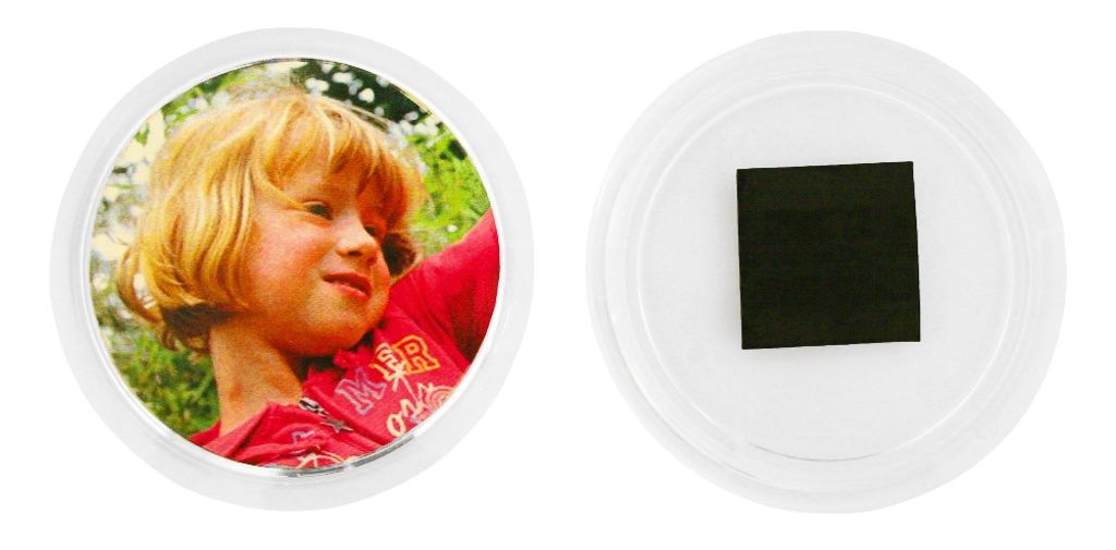A split image showing a child's face on the left and a black square on a white background on the right.