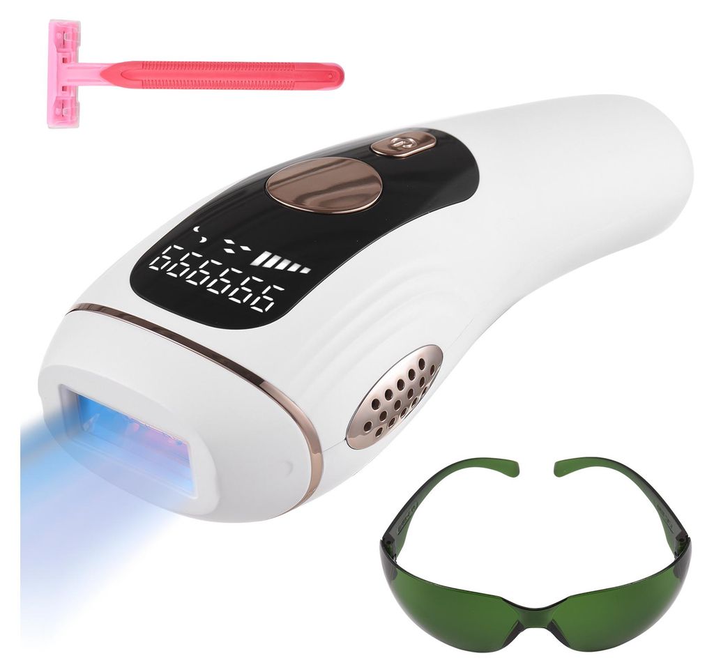 A white IPL hair removal device with a digital display, along with a pink razor and green protective glasses, is shown against a white background.