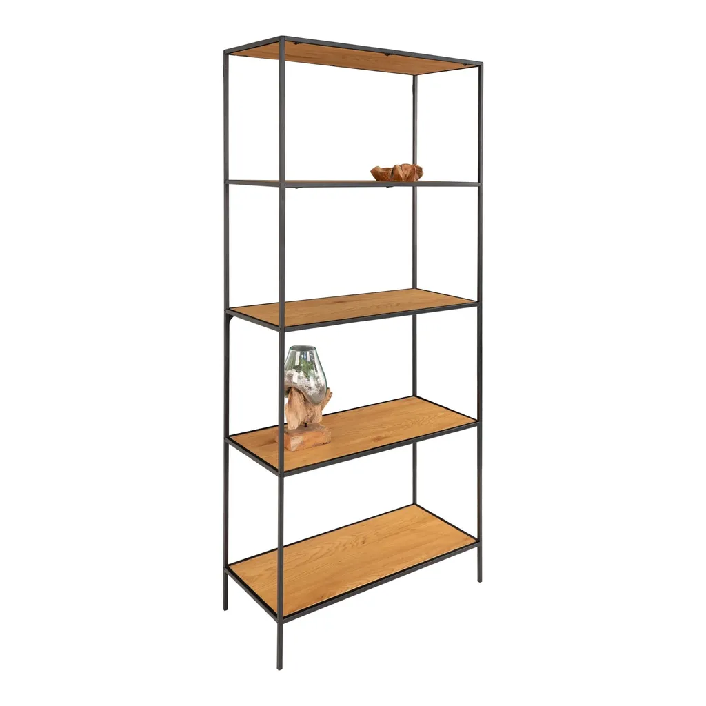 Bibliothèque large de salon Vita avec 3 étagères bois et métal noir 80cm