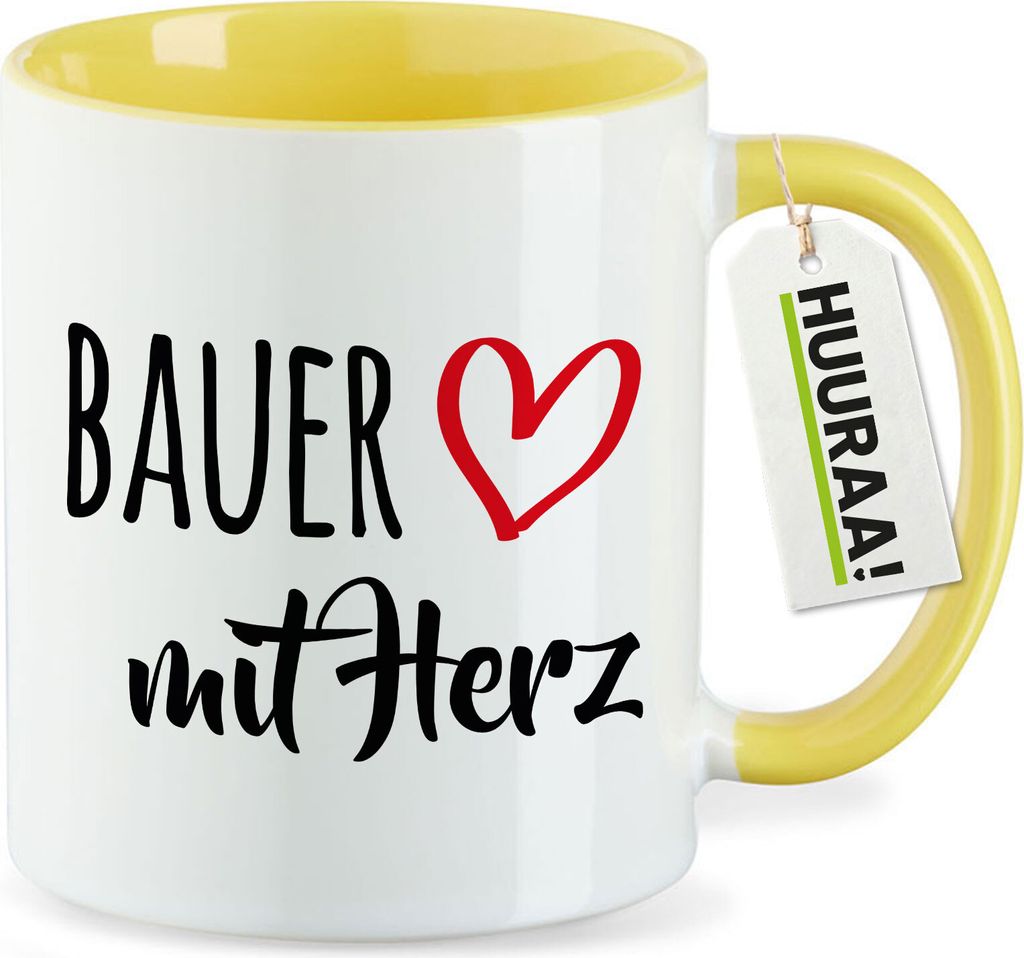 Huuraa Kaffeetasse Bauer mit Herz 330ml Gelb Keramik Kaffeebecher Geschenkidee