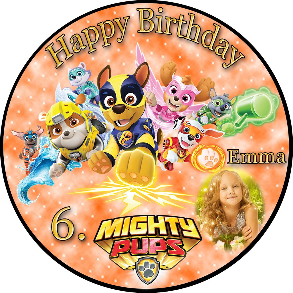 Tortenaufleger Fototorte Tortenbild Kindergeburtstag Paw Patrol Mighty Pups PP04 (Zuckerpapier) Rund 20 cm Ø mit Foto Orange