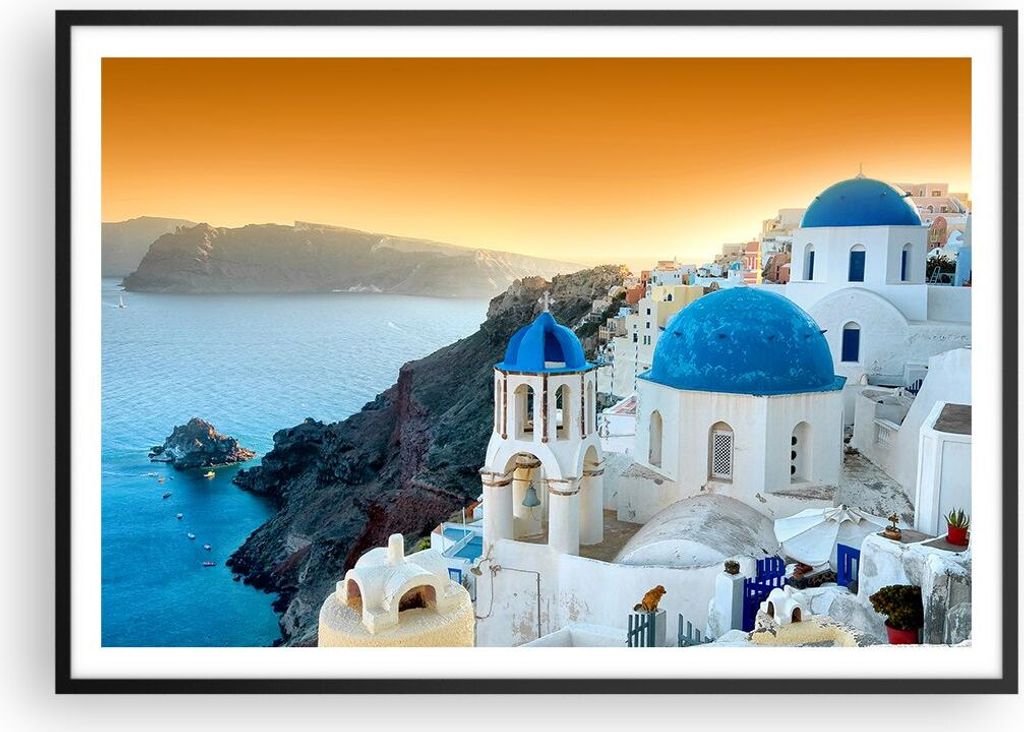 Gerahmtes Poster - Schwarzer Rahmen - Santorini Griechenland Urlaub Insel - 100x70 cm - Wand Bild - Wanddeko - Wandbilder - Wandposter - Bilderrahm...