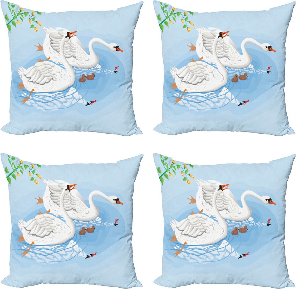 ABAKUHAUS Swans Kissenbezug Set (4 Stück), Gracious Fluss Natur-Landschaft, Moderner Doppelseitiger Digitaldruck, 40 cm x 40 cm, Blassblau Multicolor