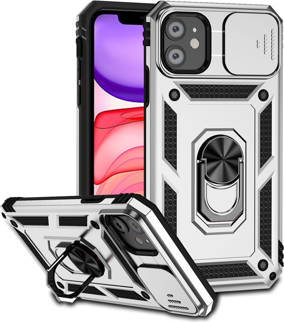 iPhone 12 Mini Hülle mit Schiebe Kamera Schutz und Ringhalter Ständer Robust Rüstung Schutzhülle für iPhone 12 Mini Silber