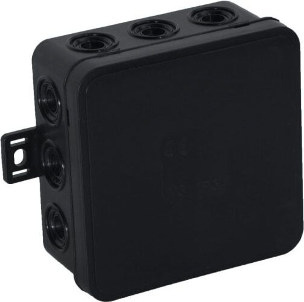 A black electrical junction box with multiple entry points.
