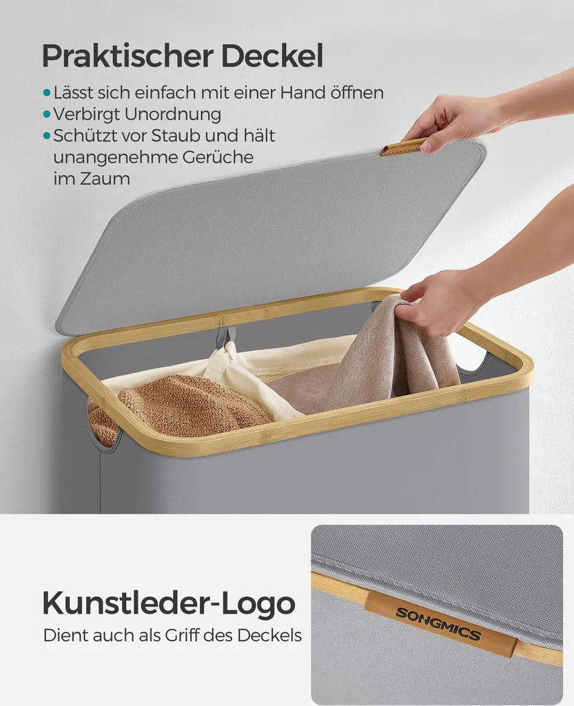 Panier à linge 2 compartiments avec couvercle gris tourterelle 110L - 4