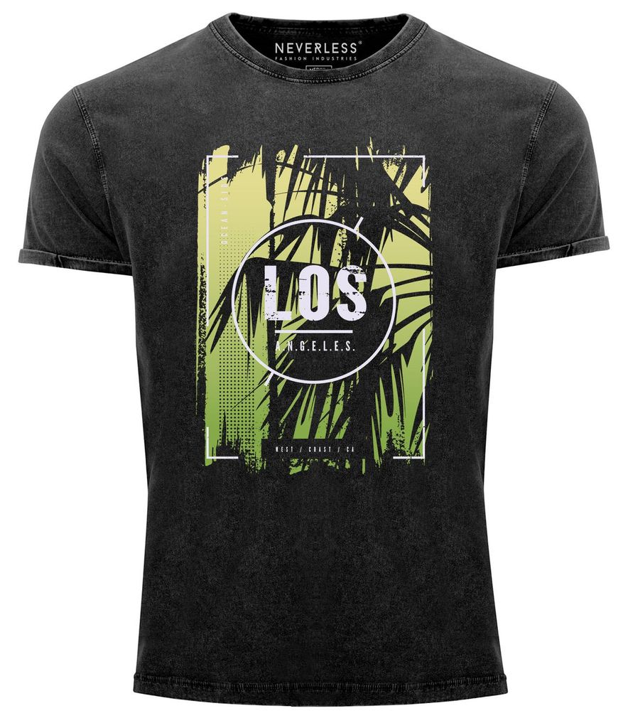 Herren Vintage Shirt Los Angeles Retro 80er Style Palmen USA Sunset Boulevard Fashion Streetstyle Used Look Neverless schwarz L
