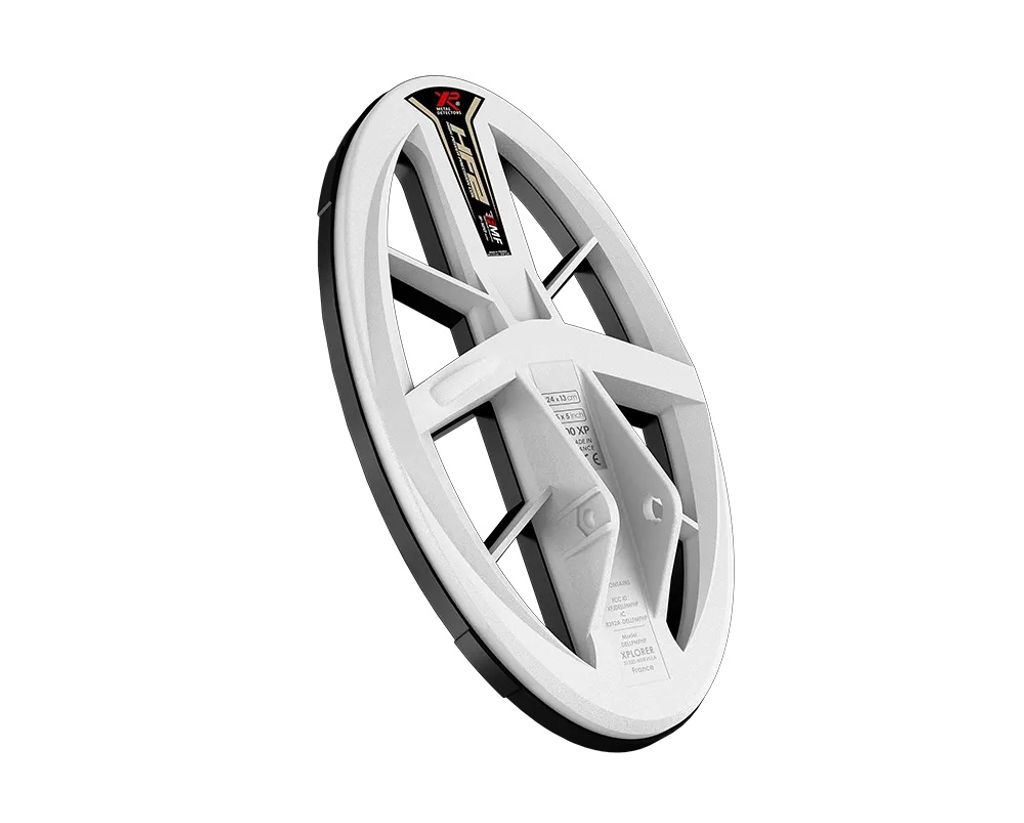 A white metal detector coil with black trim, set against a white background.