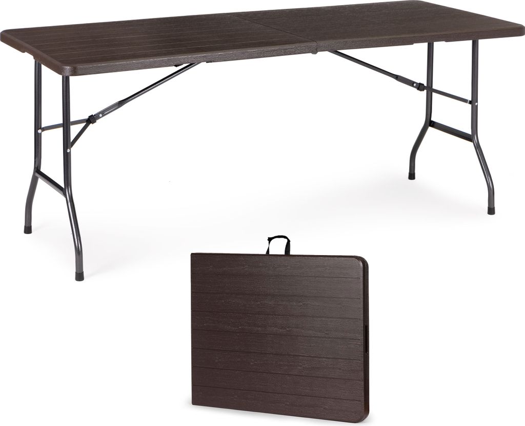 A brown folding table and its folded form are displayed against a white background.
