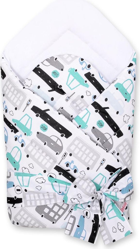 Weiches, doppelseitiges Tragetuch für Babys mit Bändern - graue und türkise Autos