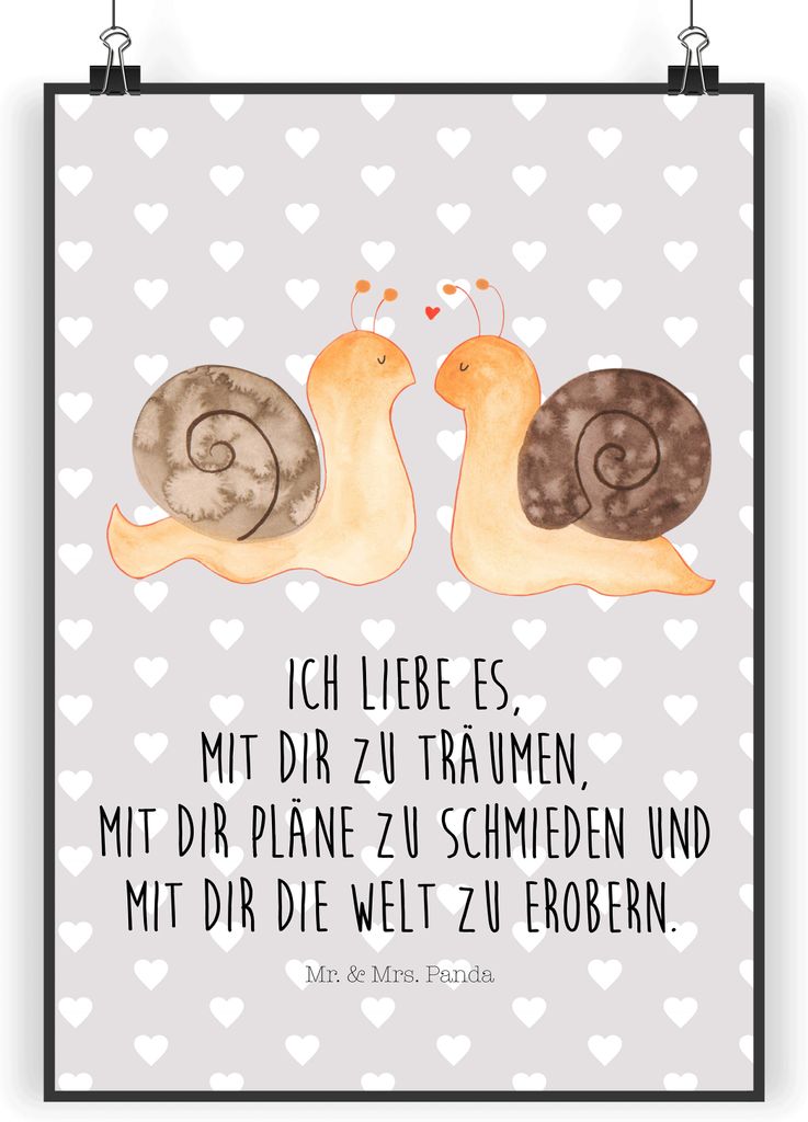 Mr. & Mrs. Panda Poster Schnecken Liebe DIN A3 - Grau Pastell - Geschenk, glücklich, Jahrestag, Paar, Wandbild, Zukunft, drucke, Heiratsantrag, P...