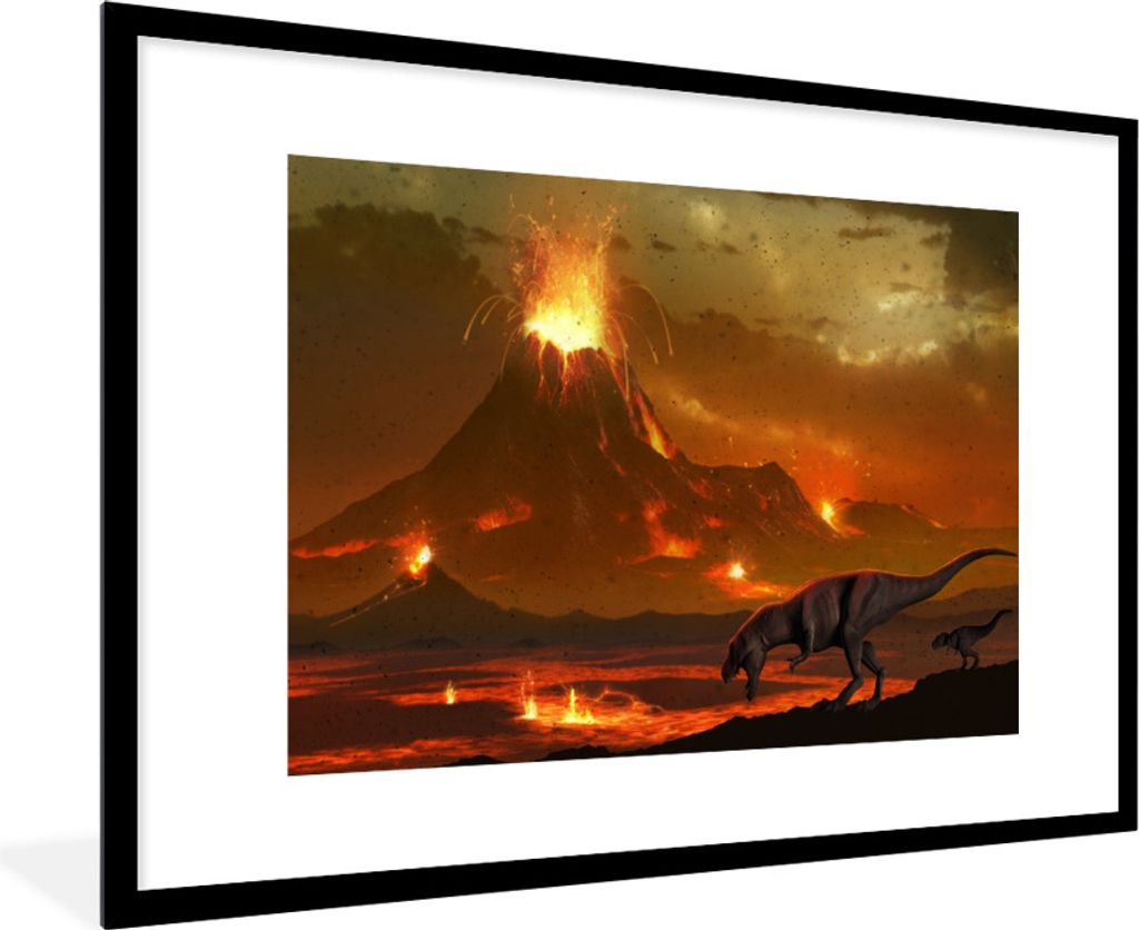 MuchoWow Gerahmtes Poster Dino - Vulkan - Lava - Illustration - Jungen - Kinder 90x60 cm - Poster mit Schwarzem Bilderrahmen Wandposter Rahmen Fo...