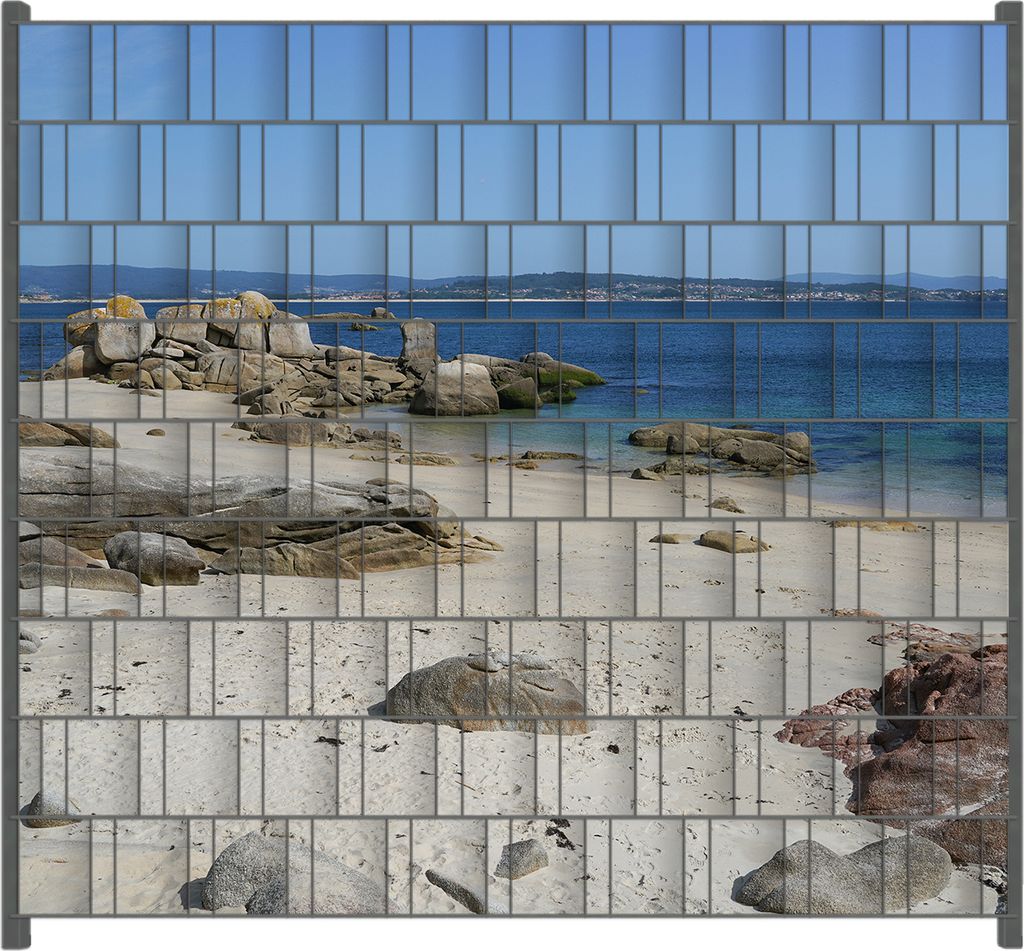 Wallario Zaunsichtschutz mit Motiv Felsen auf einem Sandstrand für Ein- und Doppelstabmatten Zäune in der Größe 200 x 180 cm