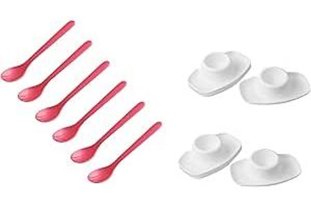FACKELMANN | 12-tlg. Frühstücks-Set | Eierlöffel Rot mit Eierbecher Weiß | hochwertiger Kunststoff | ideal für den Frühstückstisch