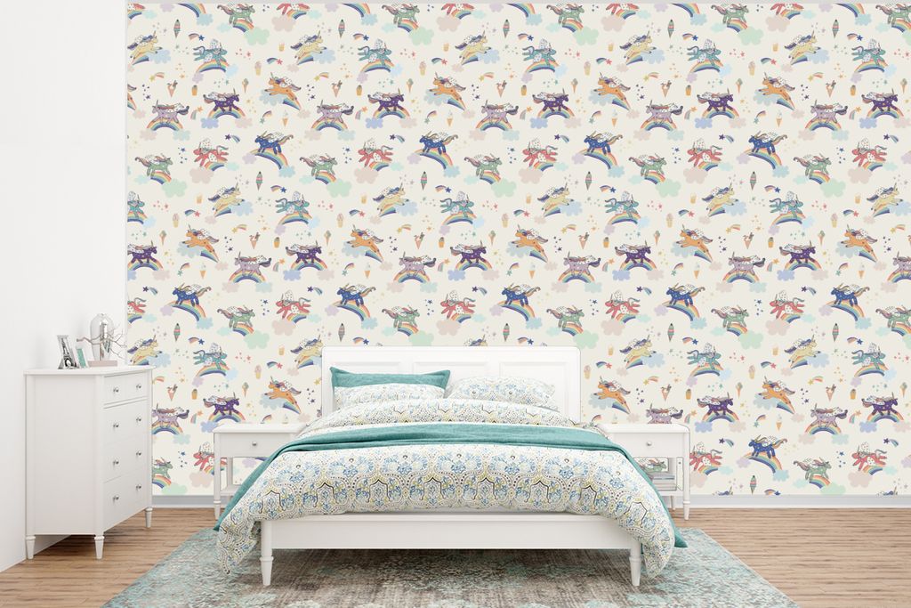 MuchoWow Fototapete für Wohnzimmer oder Schlafzimmer Wandtapete Vinyl Motivtapete Einhorn - Regenbogen - Muster - 350x260 cm - Wohnzimmer-Tapete