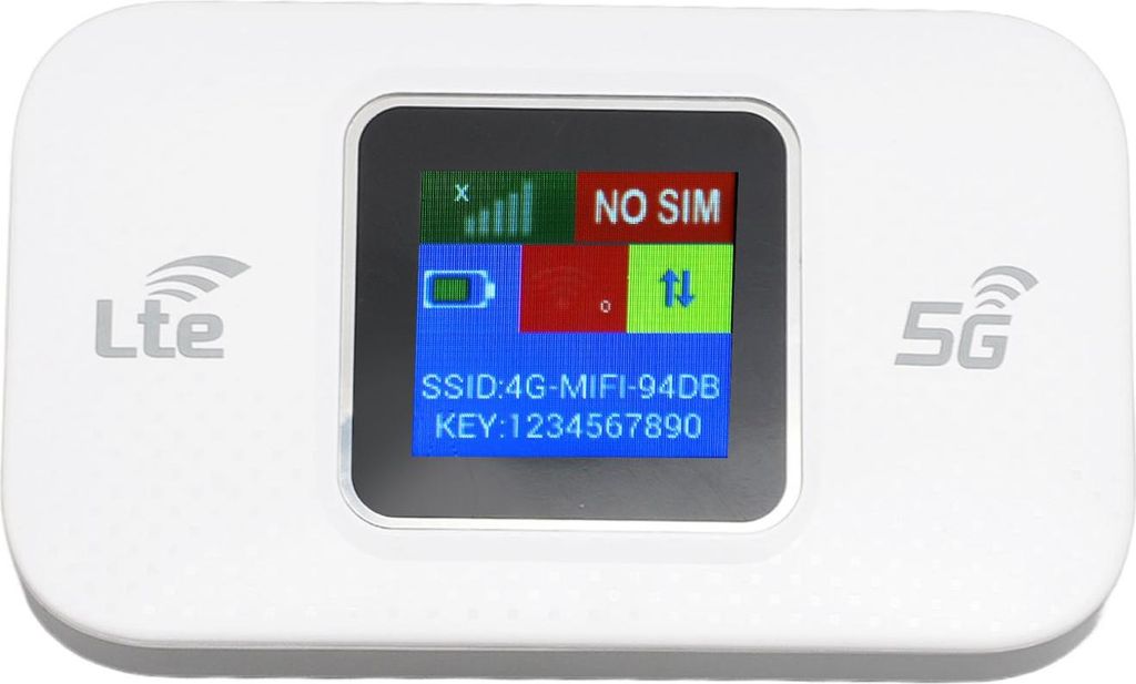 A white portable mobile Wi-Fi router with a screen displaying network information.
