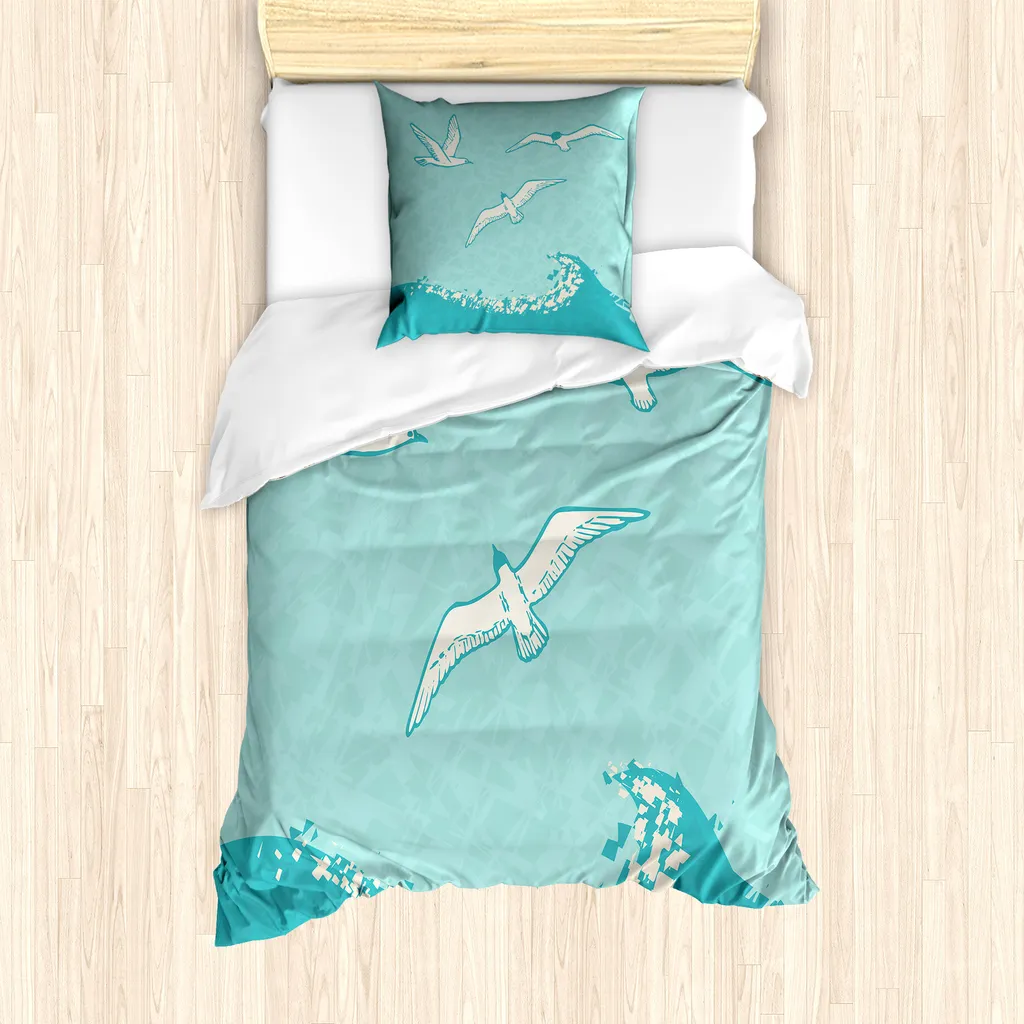 Parure de Lit 1 Personne Motif Mer et Mouettes avec Taie d'Oreiller