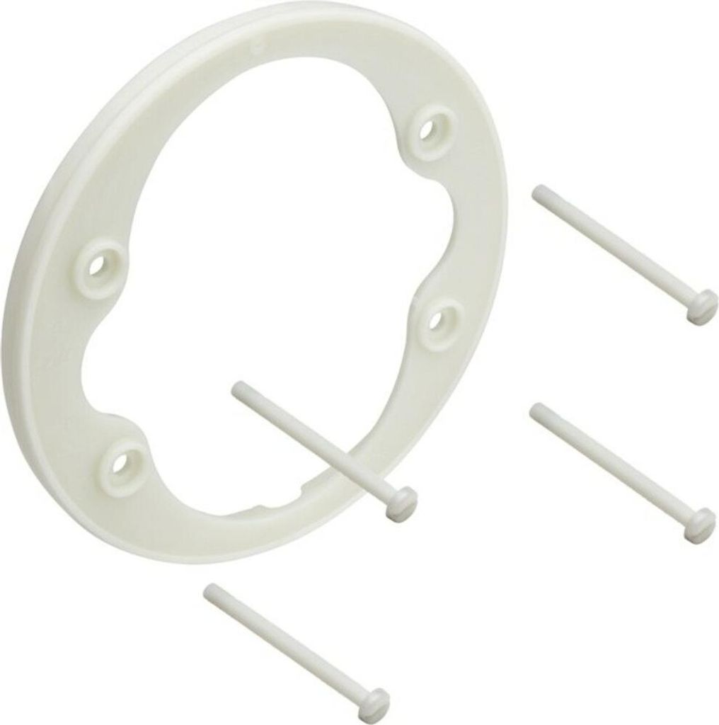 A white circular mounting plate with screw holes and four white screws are arranged on a white background.