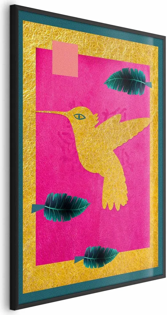 Poster Colibrì Dorato 60x90 con Cornice Nera - Quadro Moderno Lusso