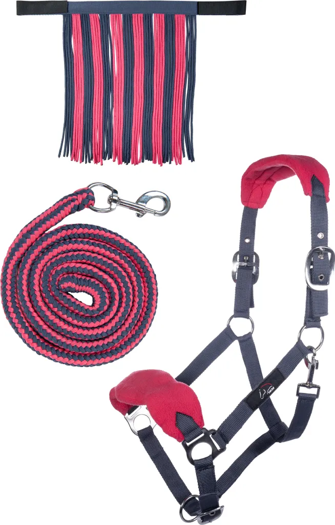 Licol HKM Gris/Rose avec Franges Anti-Mouches et Mousqueton Pur-Sang