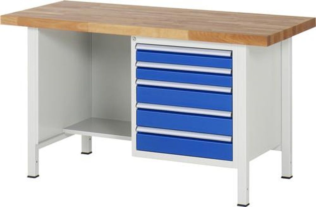 Mobile Werkbank mit Ablageboden - 5 Schubladen - Teilauszug - 90:2 / 120:3 - 840 x 1.500 x 700 mm (HxBxT) - Traglast 1.250 kg - Buche