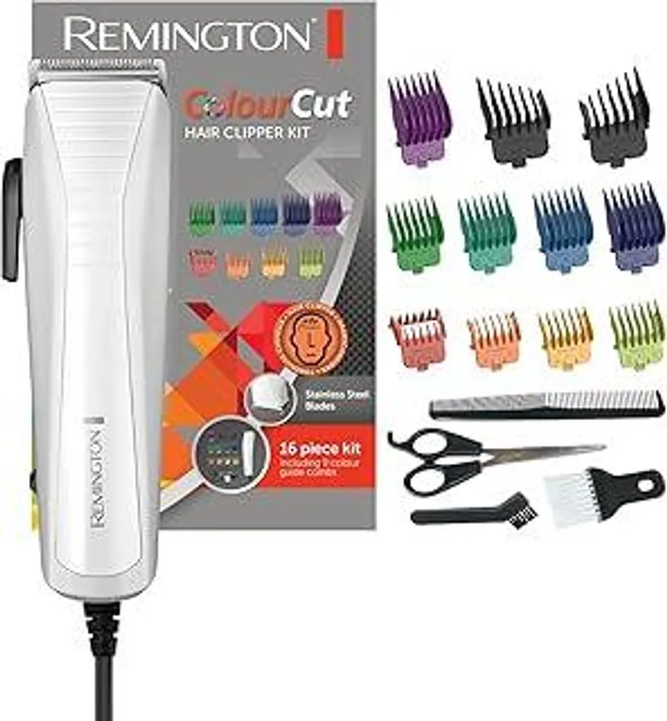 Tagliacapelli Remington con cavo [alimentazione a rete, lame in acciaio inossidabile autoaffilanti con leva di regolazione, 0,5-25 mm] Tagliacapelli Colour (11 pettini e pettini laterali, set da parrucchiere) Tagliacapelli HC5035