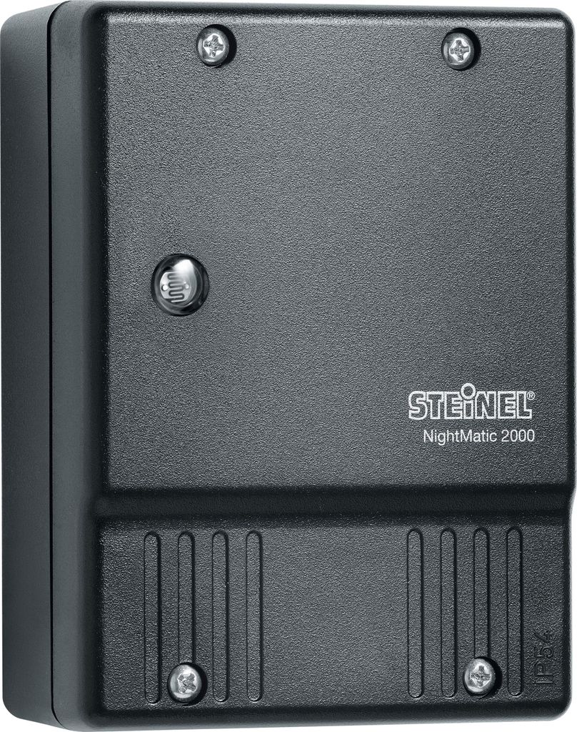 A black Steinel NightMatic 2000 dusk switch is shown against a white background.