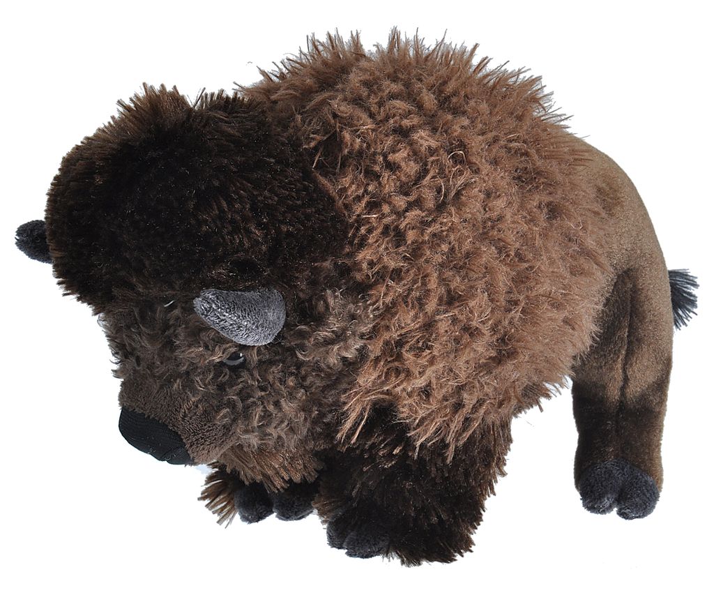 A plush toy bison is shown against a white background.