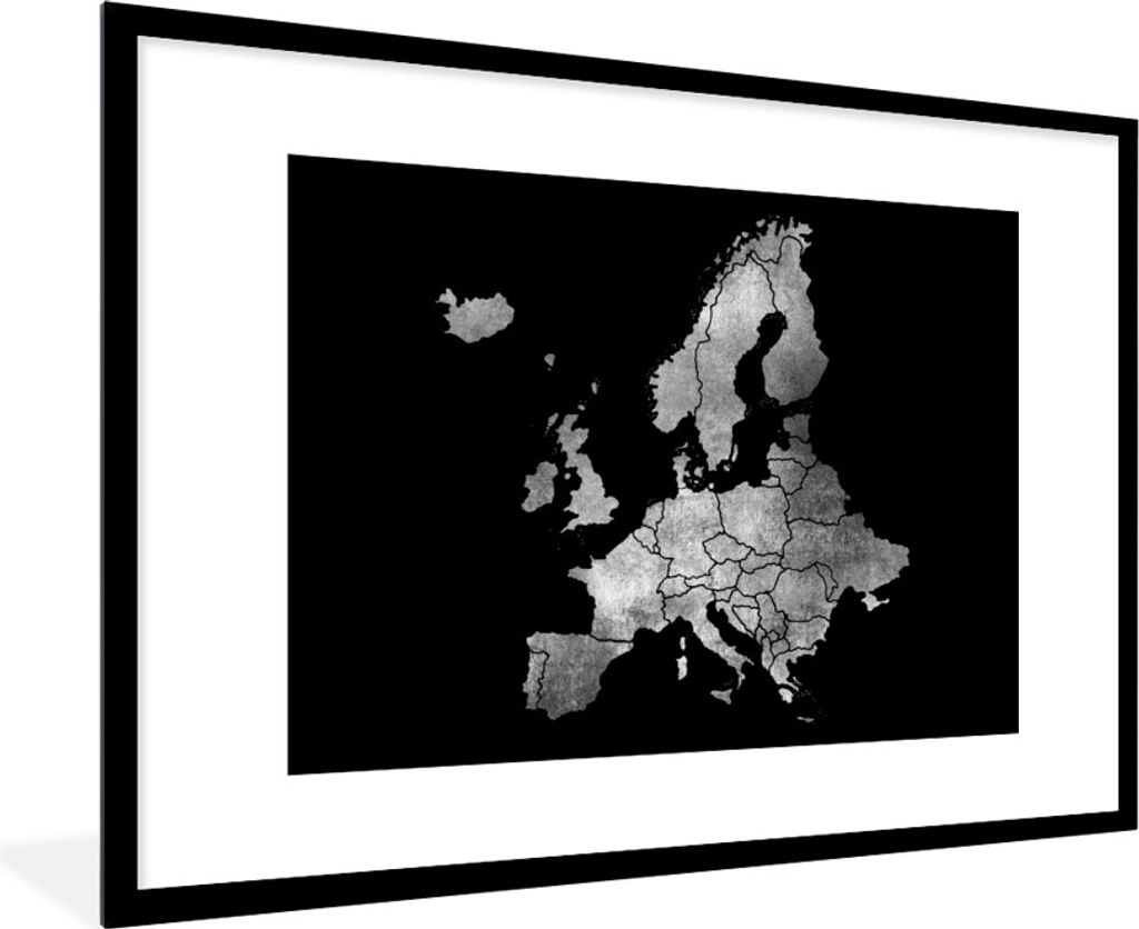 MuchoWow Gerahmtes Poster Europakarte für einen schwarzen Hintergrund - schwarz und weiß 90x60 cm - Poster mit Schwarzem Bilderrahmen Wandposte...