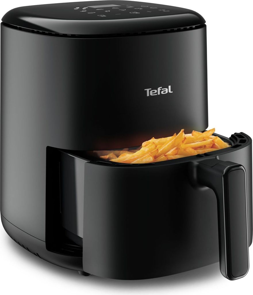 A black Tefal air fryer filled with french fries.