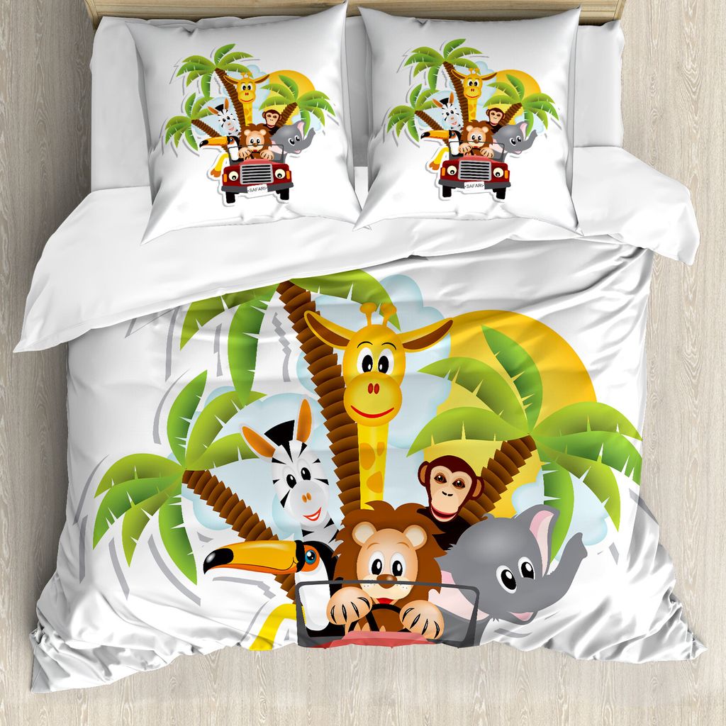 ABAKUHAUS Baby Bettbezug, Zebra Toucan Lion Elefant, Milbensicher Allergiker geeignet mit Kissenbezügen, 200 cm x 200 cm - 80 x 80 cm, Mehrfarbig