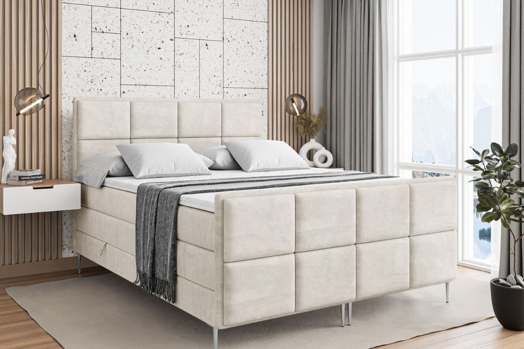 ALTDECOR Boxspringbett mit Silber Füßen, Matratze und Lattenrost, Topper, Fußteil, Polsterbett mit Bettkasten, Bett mit Stauraum H3- und H4- Mat...