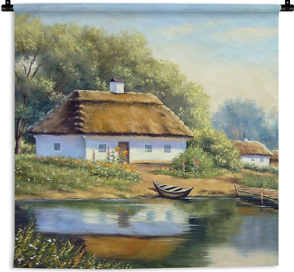 MuchoWow Wandteppich Wandbehang Malerei - Haus - Natur - Wasser - Ölfarbe 90x90 cm Tapisserie Dekoration Wandtuch - Wandaufhänger