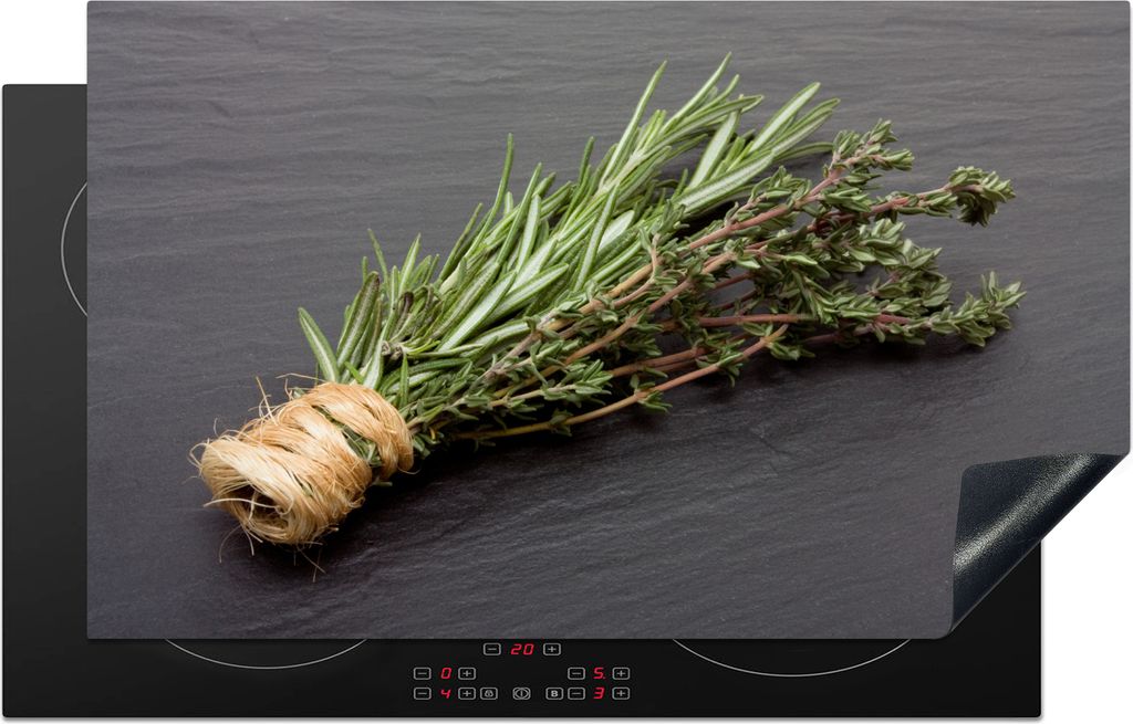 KitchenYeah Herdabdeckplatte Thymian - Kräuter - Grün - Tisch - Küche - Stein , 83x51cm, Küche Deko, Ceranfeld Herdabdeckung, Abdeckplatte f...