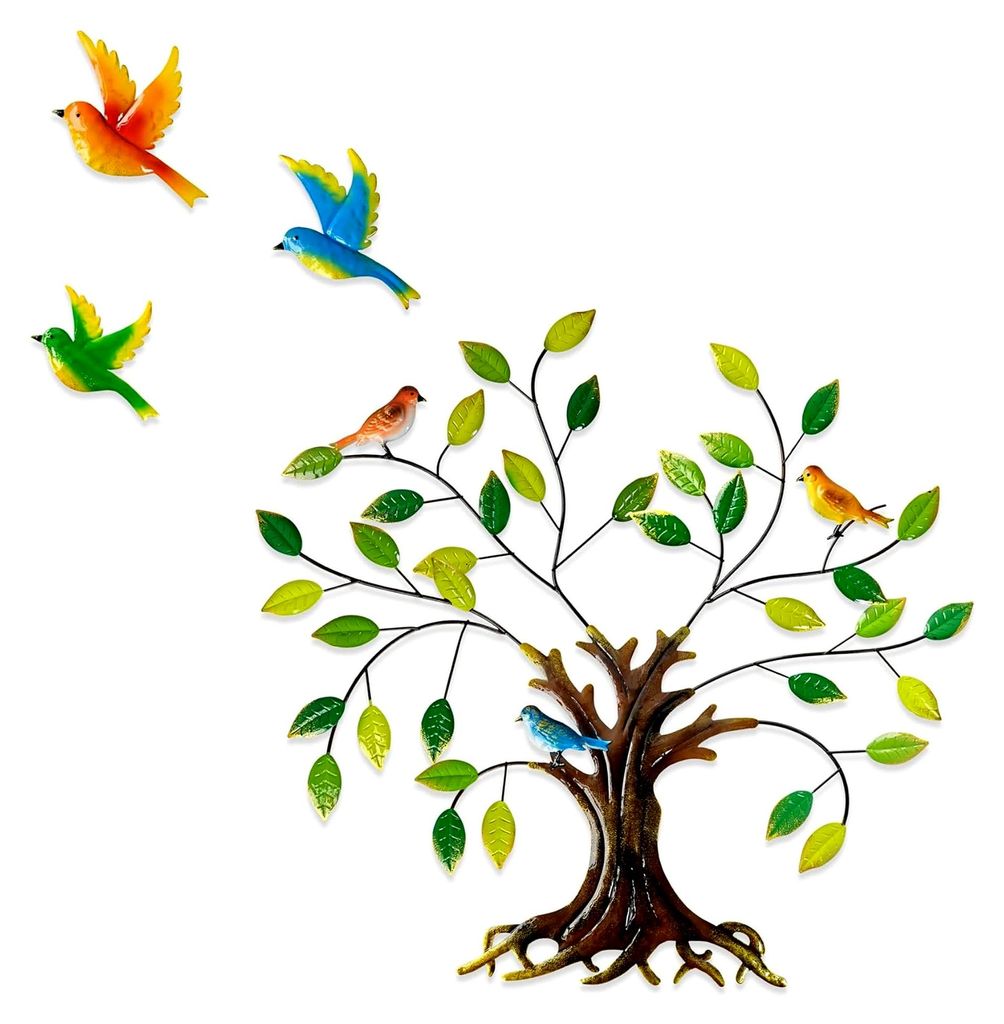 Metallwanddekoration „Baum des Lebens“ mit grünen Blättern und Kolibris – Durchmesser 62 cm
