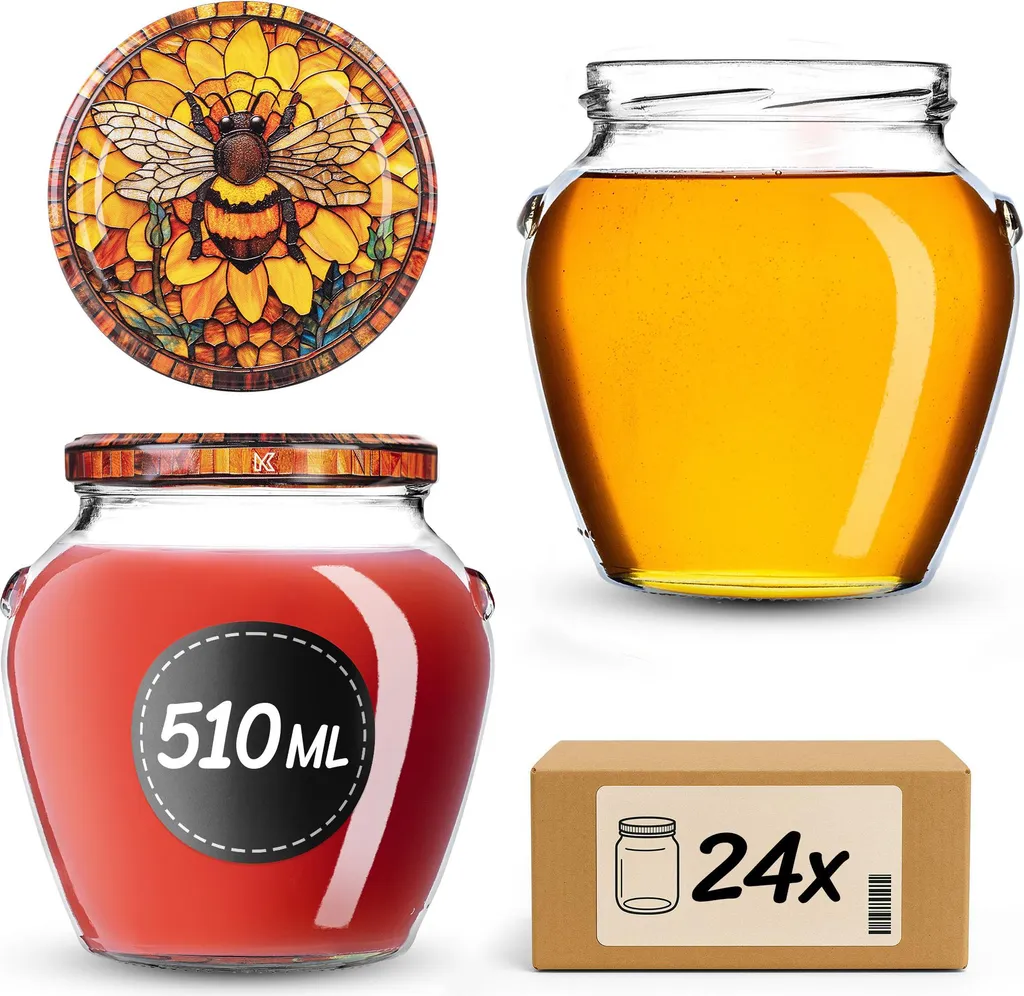 Barattoli per conserve KADAX da 510 ml con coperchio a vite fi82mm, barattoli a vite con coperchio, barattoli per miele, barattoli per la conservazione di miele, frutta e verdura, barattoli per marmellata (Orange Biene, 24 pezzi)