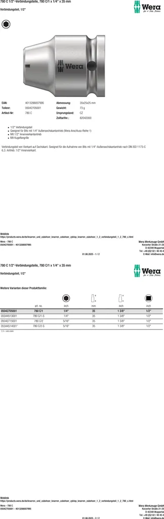Analisi Tecnica Wera 780 C/1: Adattatore da Quadro 1/2" a Esagono 1/4" - 10