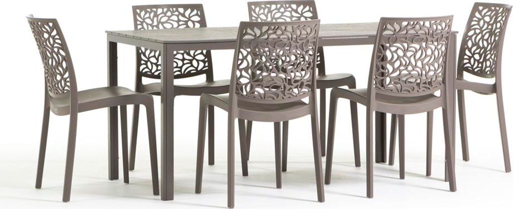 Outdoor-Essset mit rechteckigem Tisch 156x78 cm und 6 stapelbaren Stühlen aus glasfaserverstärktem Harz – modernes Design in Holzoptik, ideal f...