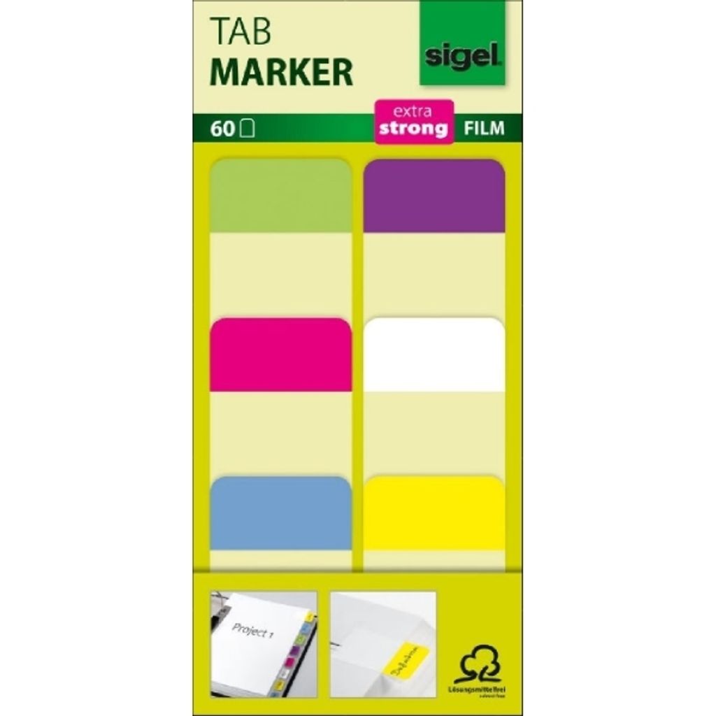 SIGEL HN203 Tab Marker, extra starke Haftmarker, Folie, llemon, pink, blau, violett, weiß, gelb, 38x25 mm, 60 Tabs