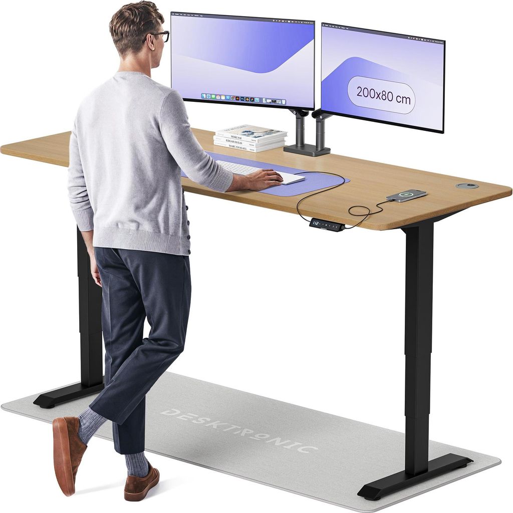 Desktronic HomePro Elektrisch höhenverstellbarer Schreibtisch 200x80cm Massive Eiche/Schwarzmit Memory-Funktion, Anti-Kollisions Technologie, USB-...