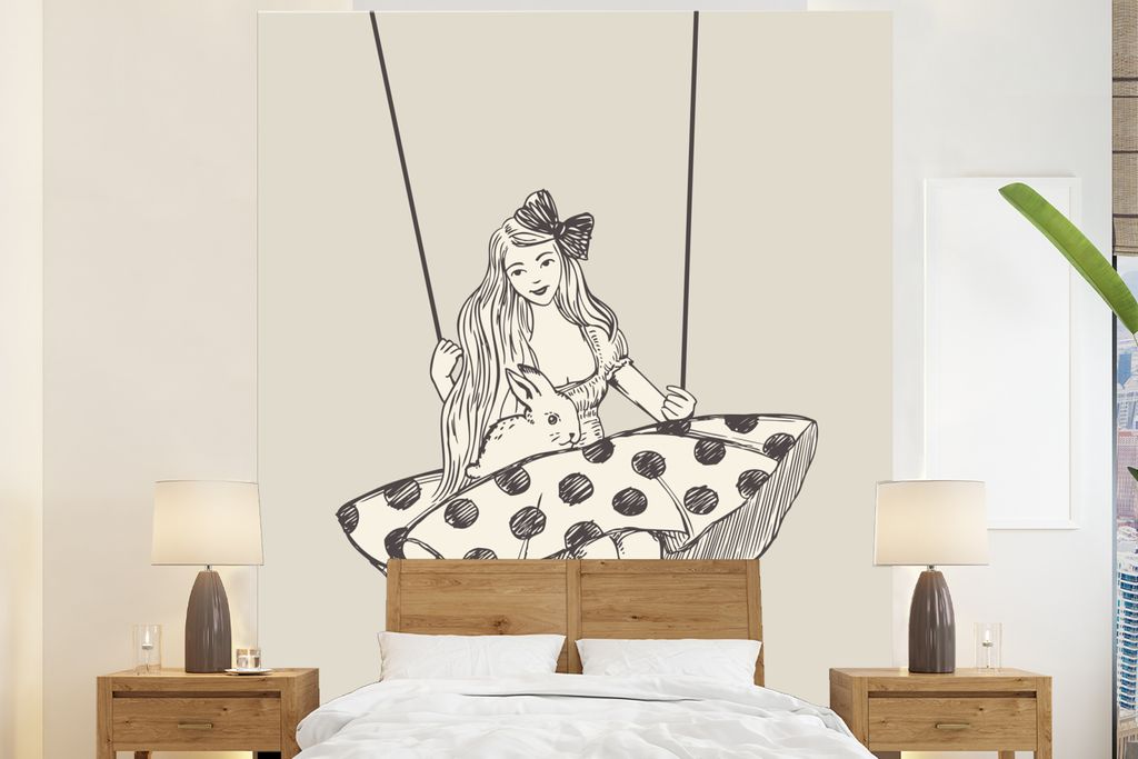 MuchoWow Fototapete für Wohnzimmer oder Schlafzimmer Wandtapete Vinyl Motivtapete Mädchen in gepunktetem Kleid mit Kaninchen - 225x280 cm - Woh...
