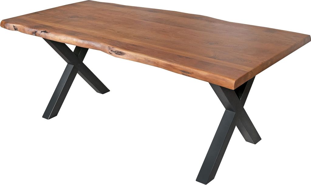 Esstisch 260 x 120 cm Cali, Baumkantentisch nussbaumfarben, Akazienholz massiv, X-Gestell aus Metall Schwarz