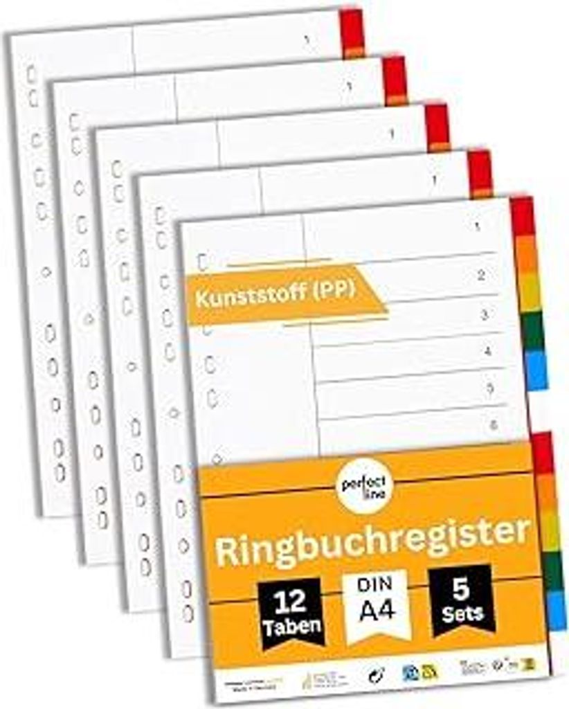 perfect line - Ordner-Register DIN-A4 aus Kunststoff (PP), 12 Taben (12-teilig), 5er Set, Trennblätter für Akten-Ordner, recycelbar, Germany