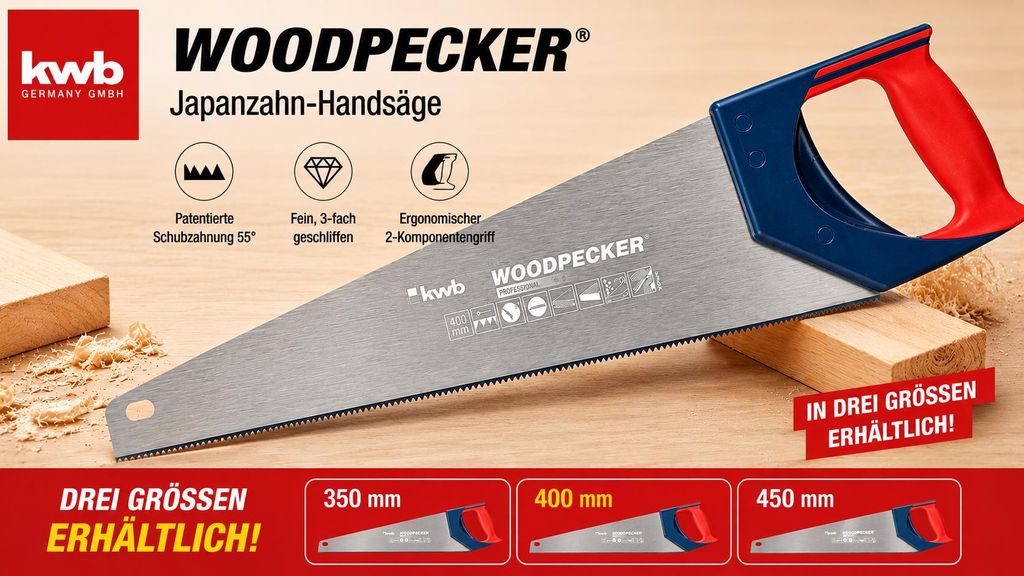 KWB 304109 Woodpecker Japanzahn-Handsäge Fein, 350, 400, 450 mm, Länge:400 mm