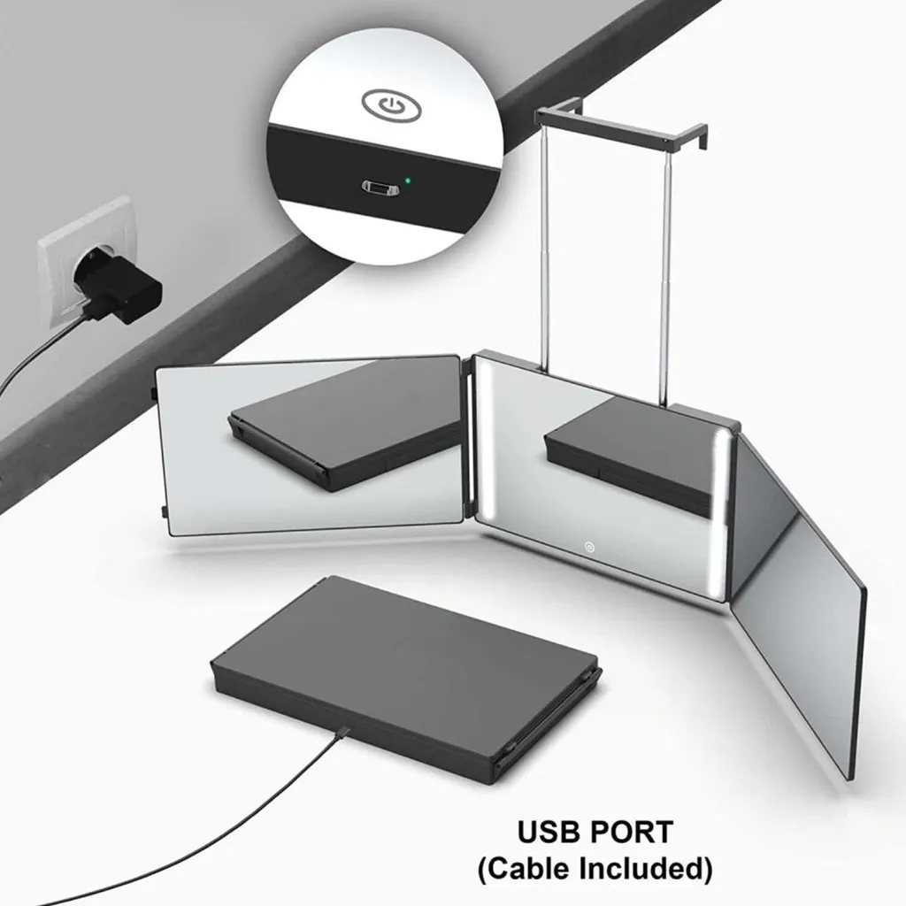 Miroir LED noir à luminosité variable avec trois volets pliables INF - 7