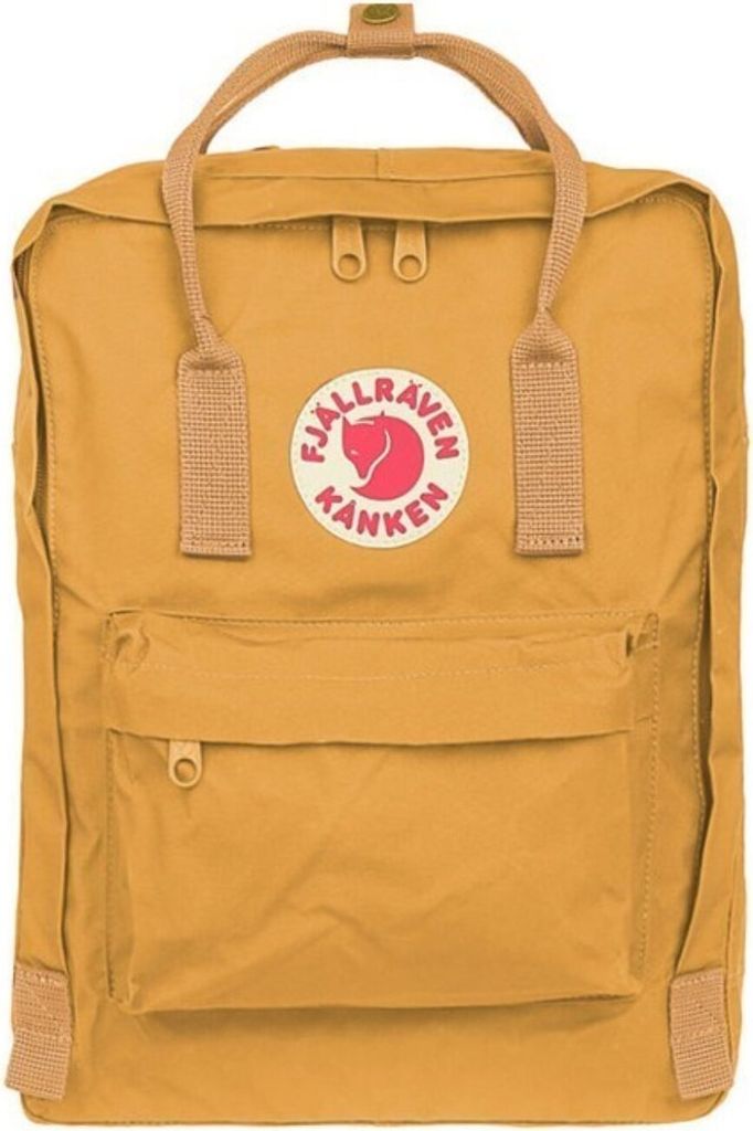 A yellow Fjällräven Kånken backpack is shown from the front against a white background.
